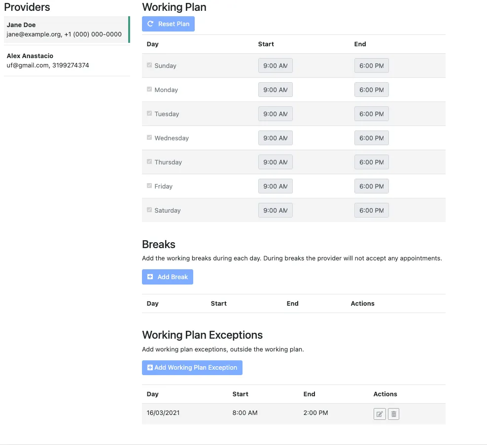 Working plan exceptions in users