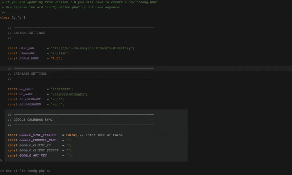 Easy!Appointments Config File