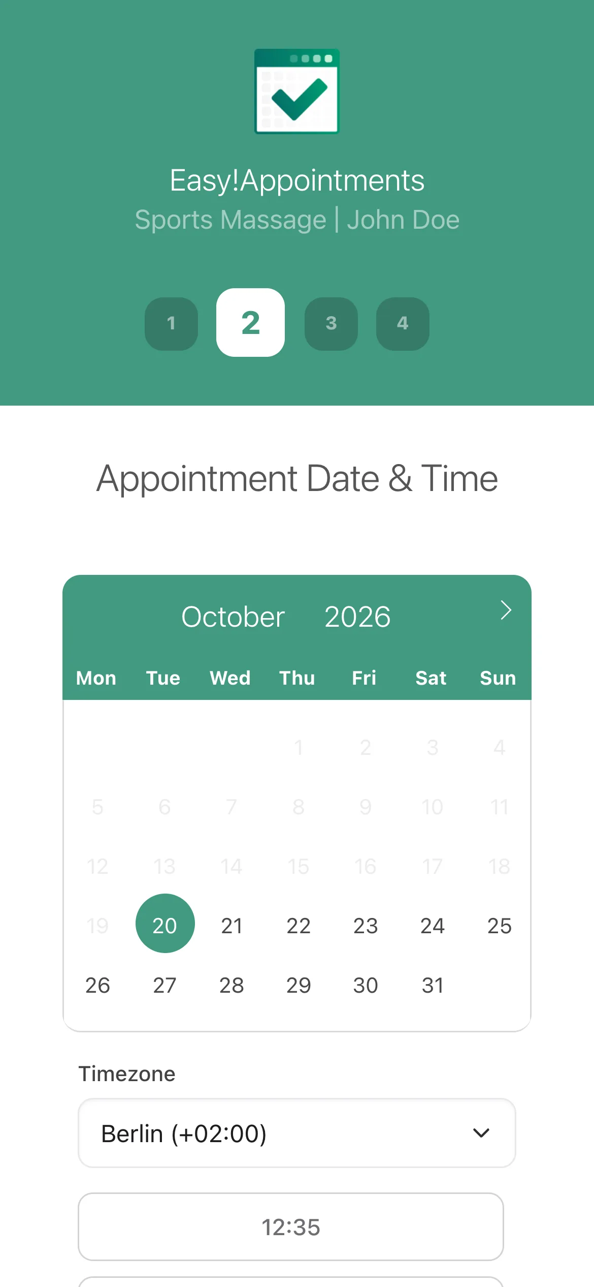 The booking page on a phone, on the date and time step