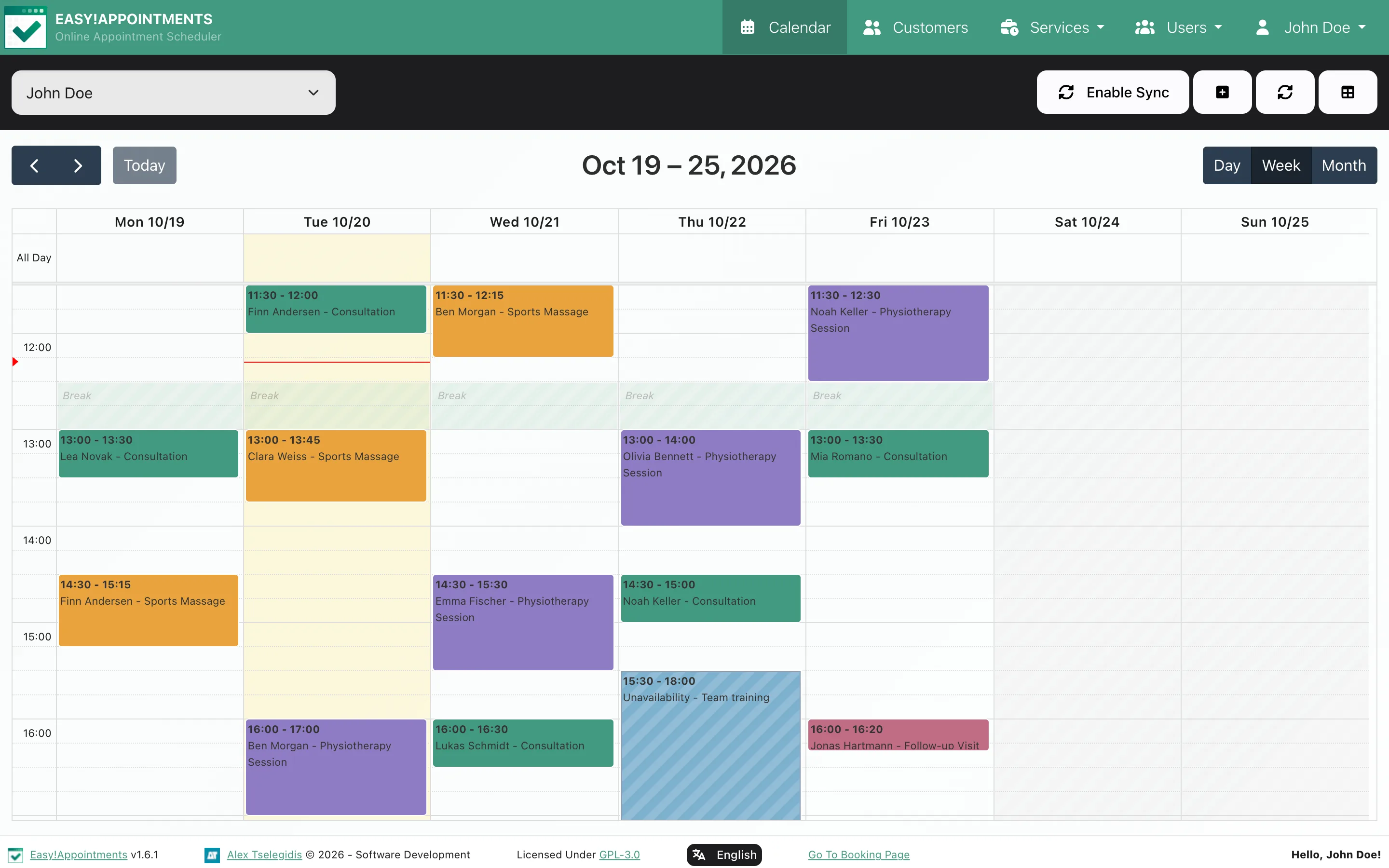 One provider's week in the calendar: appointments coloured by service, a lunch break each day and the weekend off