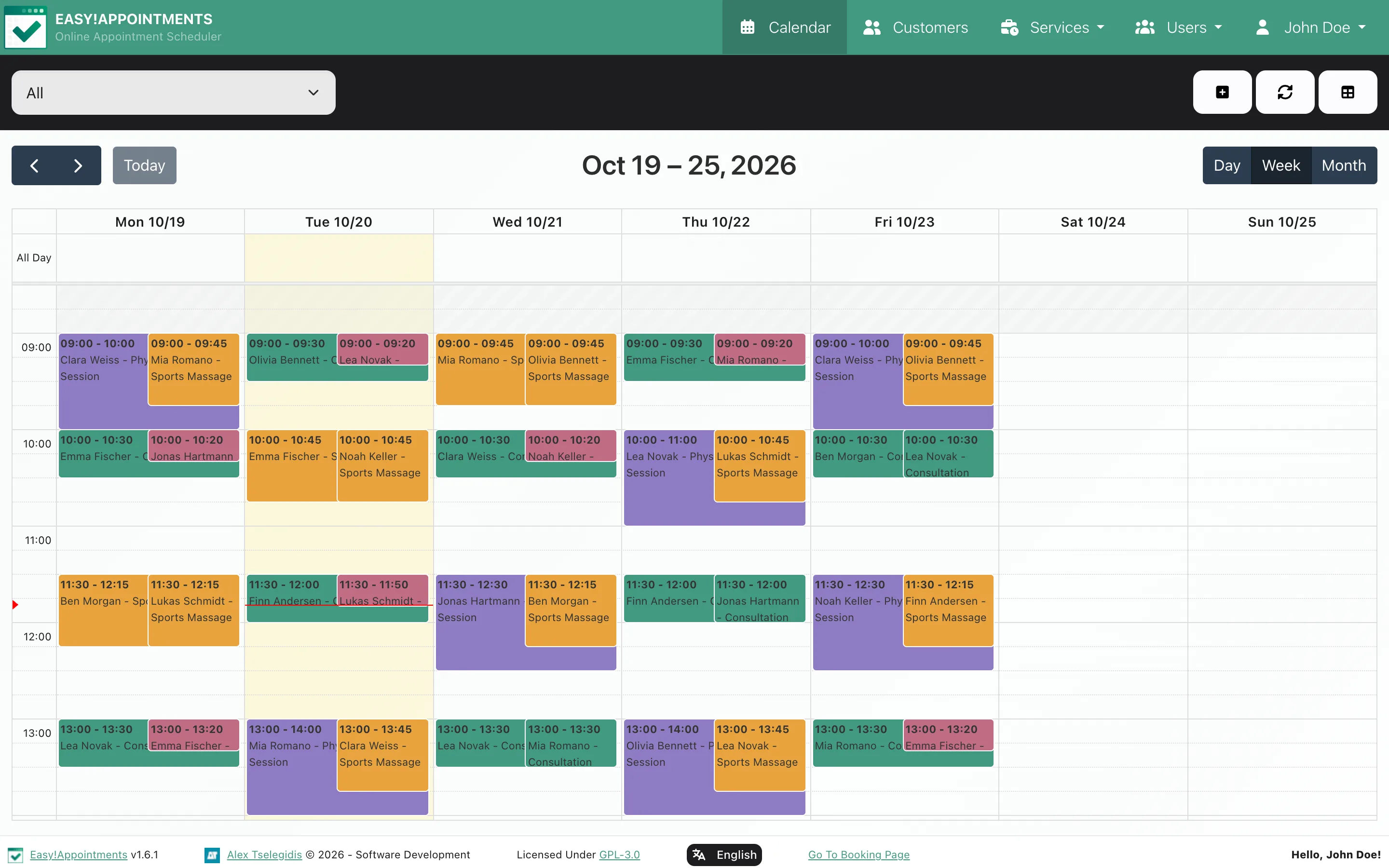 The Easy!Appointments calendar in week view: three providers' appointments, coloured by service