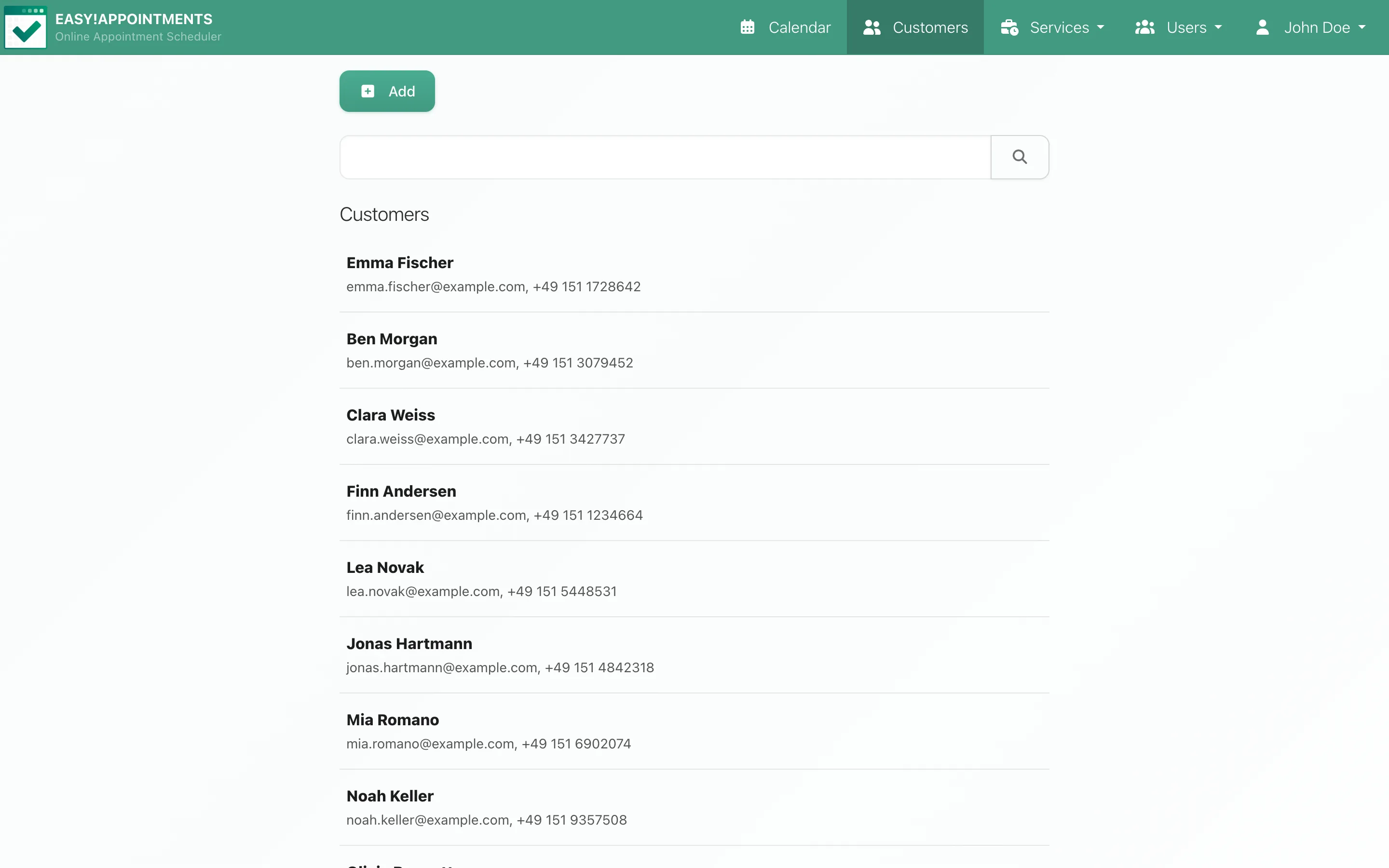 The customer list with names, emails and phone numbers